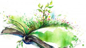 Flowers and grass growing on an open book watercolor