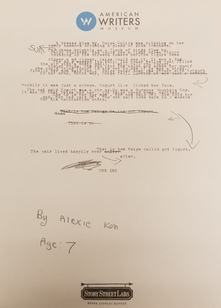 The original typed story with markup and handwritten name