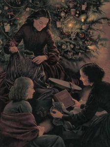 The March sisters open present on Christmas. From the book Little Women written by Louisa May Alcott