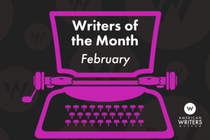 Graphic of typewriter with text that reads "Writers of the Month: February"