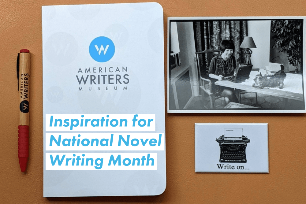 Photo of an American Writers Museum pen, American Writers Museum notebook, writer postcard and literary-themed magnet