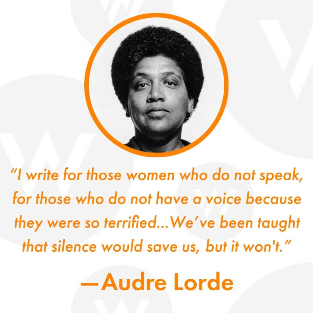 Photo of Audre Lorde with quote by her that reads, "I write for those women who do not speak, for those who do not have a voice because they were so terrified...We've been taught that silence would save us, but it won't"
