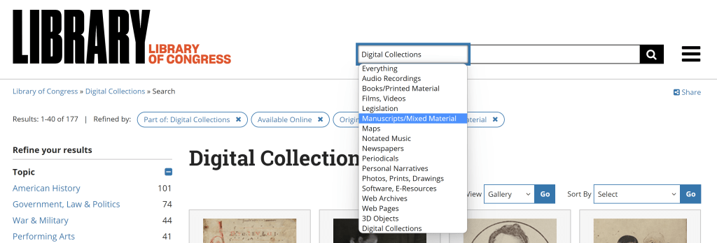 The Library of Congress Digital Collections page, with a dropdown menu open next to the search bar. "Manuscripts/Mixed Material" is highlighted in the menu.