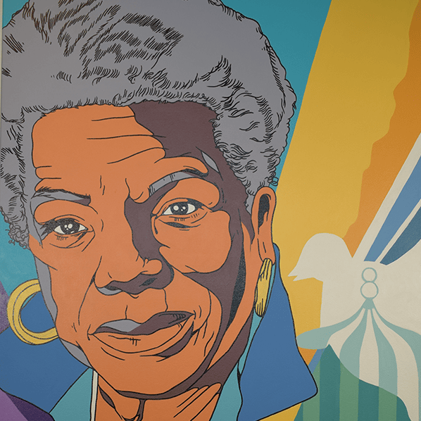An acrylic portrait of Maya Angelou with the image of a bird to her right, the viewer's left.