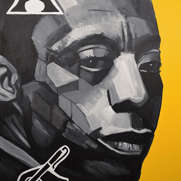 An acrylic portrait of James Baldwin on a yellow background. There are icons of a hand holding a pen and the Eiffel Tower in the foreground.
