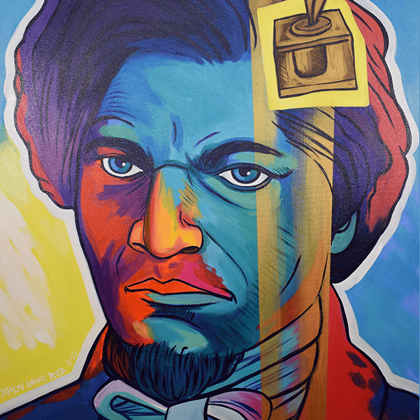 A colorful portrait of Frederick Douglass, with a pen and inkwell in the foreground near his left temple. Painted by Damon Reed