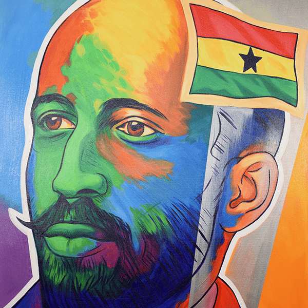 A colorful portrait of W.E.B. Du Bois with the flag of Ghana in the foreground.