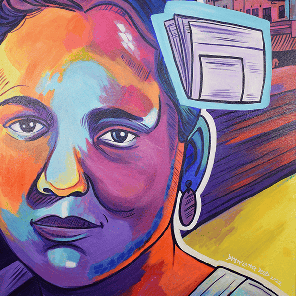 A colorful acrylic portrait of Ethel Payne. A newspaper icon is in the foreground.