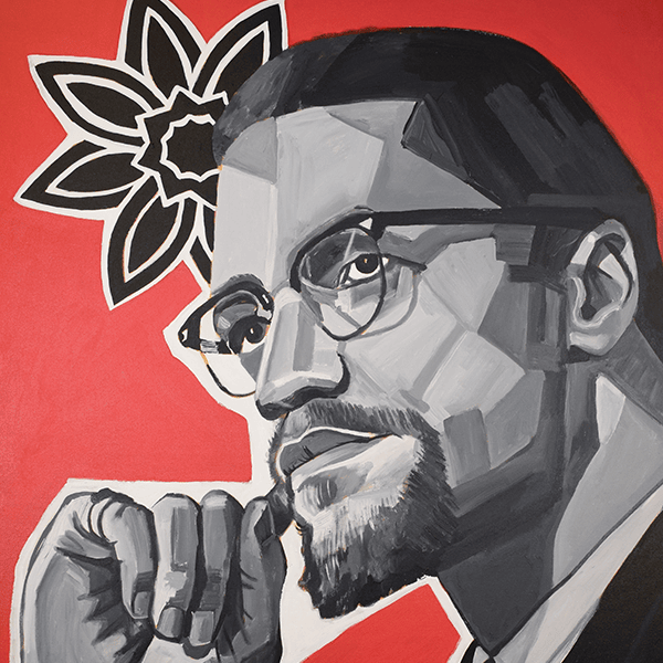 An acrylic portrait of Malcolm X on a red background. An Islamic flower icon is in the background. A Black Power fist and the reversed star and crescent of the Nation of Islam are in the foreground.